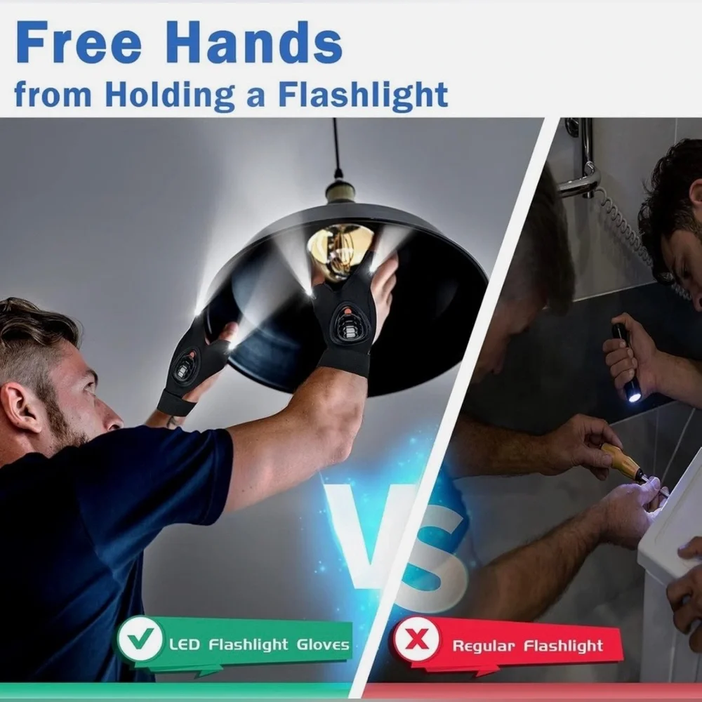 LED Flashlight Gloves - Rechargeable Detachable Washable Super Bright 1 Pair NIB